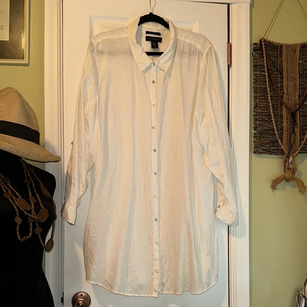 Tahari White Linen Casual Button Down Shirt 3XLT